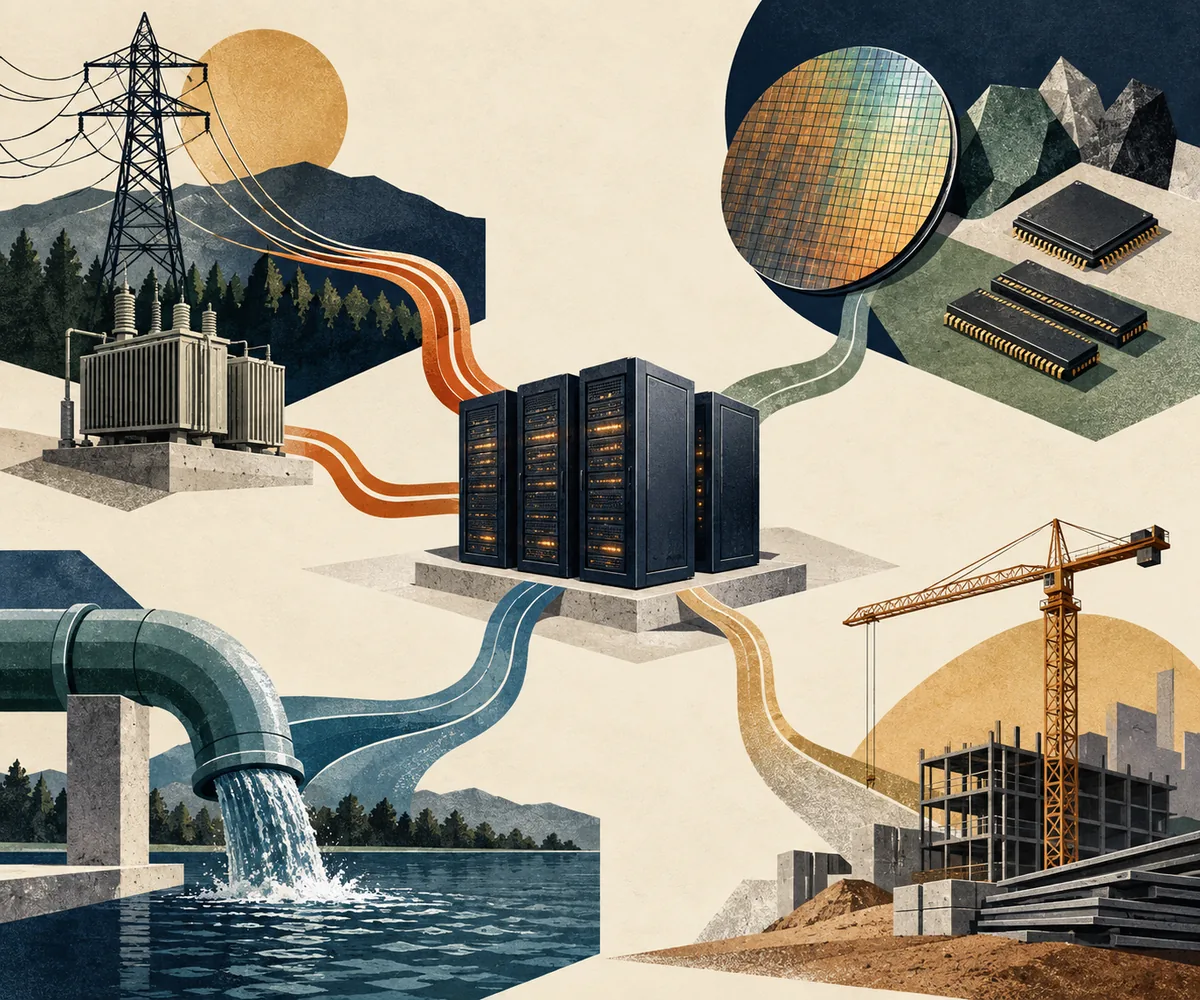 Illustration connecting a data center to grid equipment, chips, water, and construction